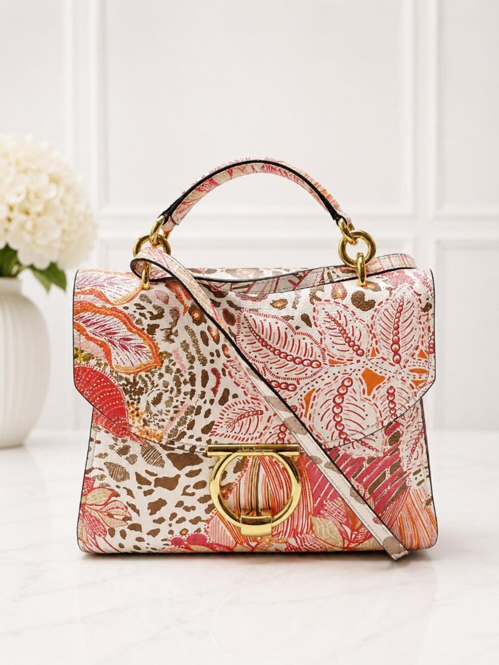 Authentic Ferragamo Sofia Floral Print Leather Gancini Top Handle Crossbody